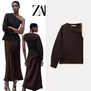 NWT Zara Asymmetric One Shoulder Knit Top w Gold Chain Chocolate Brown Sz S & M